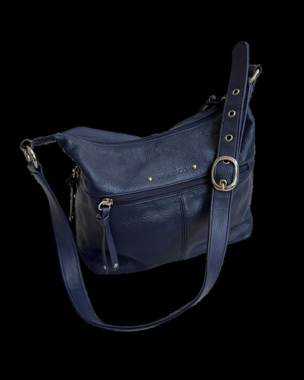 Stone & Co Navy Blue Genuine Leather Shoulder Crossbody Bag Multi Zip Purse